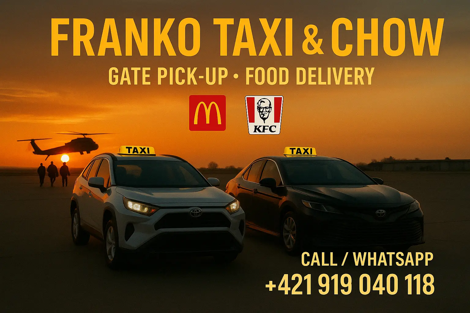 Professional white Toyota taxi vehicles lined up in formation ready for military transport service